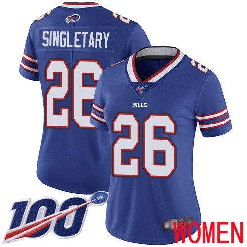Women Buffalo Bills #26 Devin Singletary Royal Blue Team Color Vapor Untouchable Limited Player 100th Season NFL Jersey